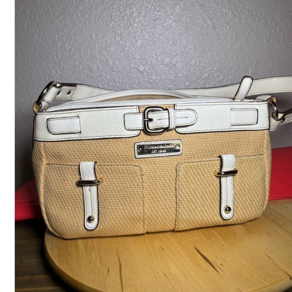 Etienne Aigner White and Tan Textile Woven Shoulder Bag